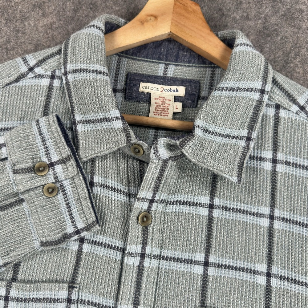 Carbon 2 Cobalt Shirt Mens Large Green Plaid Cotton Linen Long Sleeve Button
